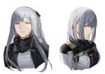  2girls ak-12_(girls&#039;_frontline) bangs black_bow blunt_bangs bow cape closed_mouth commentary_request girls_frontline grey_hair hair_bow hair_over_shoulder head_tilt headset highres long_hair looking_at_viewer mask mask_around_neck medium_hair mik_blamike mouth_mask multiple_girls open_mouth parted_bangs parted_lips pink_eyes rpk-16_(girls&#039;_frontline) sidelocks simple_background staring tactical_clothes teeth violet_eyes white_background 