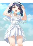  1girl angel_wings armpits black_hair blue_sky clouds commentary_request dress fangs flower fukumaru_koito hair_flower hair_ornament hands_up highres idolmaster idolmaster_shiny_colors jewelry looking_at_viewer looking_down medium_hair necklace open_mouth oyasuminasai31 short_dress skin_fangs sky solo thighs twintails violet_eyes white_dress wings wrist_cuffs 