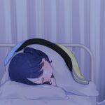  1girl bed black_hair blanket closed_eyes commentary_request cooling_pad curtains fukumaru_koito highres idolmaster idolmaster_shiny_colors meguru_nyan pillow sleeping solo twintails 