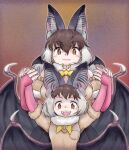  2girls animal_costume animal_ears bat_wings bow bowtie brown_eyes brown_hair brown_long-eared_bat_(kemono_friends) cardigan closed_mouth extra_ears fingerless_gloves gloves grey_hair highres kemono_friends kemono_friends_3 kemono_friends_v_project long_hair looking_at_viewer multicolored_hair multiple_girls open_mouth saja_(166j357) scarf simple_background smile virtual_youtuber wings 