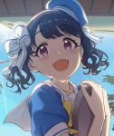  1girl ayano_yuu_(sonma_1426) black_hair blue_sky commentary_request day fangs fukumaru_koito hat idolmaster idolmaster_shiny_colors looking_at_viewer looking_down mini_hat portrait sailor_collar sailor_hat skin_fangs sky solo tray twintails upper_body violet_eyes 