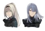  2girls ak-15_(girls&#039;_frontline) an-94_(girls&#039;_frontline) aqua_eyes bangs blonde_hair closed_mouth exoskeleton from_side girls_frontline grey_hair hair_over_one_eye head_tilt headgear highres long_hair looking_at_viewer looking_to_the_side mask mask_around_neck mik_blamike multiple_girls open_mouth parted_bangs parted_lips ponytail radio sidelocks signature simple_background tactical_clothes teeth very_long_hair violet_eyes white_background 