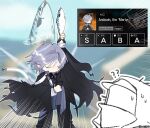 1boy 1other ? ?? andoain_(arknights) animal arknights cape cellphone chibi closed_eyes closed_mouth doctor_(arknights) english_text fish full_body grey_hair hand_up highres holding holding_animal holding_fish male_focus paegeon phone pun short_hair