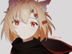  1girl animal_ears arknights black_cape blonde_hair cape extra_ears fox_ears fox_girl grey_background hair_ornament hairclip highres hood hood_down hooded_cape inu_to_milk looking_at_viewer notched_ear parted_lips portrait red_eyes short_hair simple_background solo twitter_username vermeil_(arknights) 