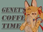  1girl animal_costume animal_ear_fluff animal_ears bow bowtie breasts brown_eyes brown_hair cat_ears cat_girl coffee_mug cup extra_ears highres kemono_friends kemono_friends_v_project large-spotted_genet_(kemono_friends) large_breasts long_hair microphone mug multicolored_hair ribbon shirt simple_background solo twintails virtual_youtuber y0whqzz8bkslezl 