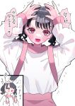  1girl absurdres backpack bag bangs black_hair blush commentary_request fukumaru_koito headpat highres idolmaster idolmaster_shiny_colors looking_at_viewer momico_co open_mouth pink_skirt shirt skirt translation_request twintails violet_eyes white_background white_shirt 
