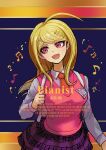  1girl :d absurdres ahoge akamatsu_kaede backpack bag bangs blonde_hair breasts collared_shirt danganronpa_(series) danganronpa_v3:_killing_harmony grey_shirt hair_ornament highres large_breasts long_hair long_sleeves musical_note musical_note_hair_ornament open_mouth orange_background pink_vest pleated_skirt purple_background purple_skirt shirt skirt smile solo upper_body vest youko-shima 