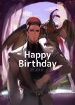  1boy at4190_(user_vzac7788) belt bird blue_sky brown_eyes brown_hair closed_mouth clouds cloudy_sky eagle earrings feather_hair_ornament feathers hair_ornament happy_birthday highres indoors jacket jewelry jojo_no_kimyou_na_bouken long_sleeves looking_at_viewer pet_shop purple_scarf scarf sky smile solo stardust_crusaders terence_t._d&#039;arby white_curtains white_jacket window 