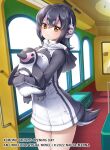  1girl animal animal_costume animal_hood bird black_hair closed_mouth copyright gloves headphones hood kemono_friends looking_at_viewer menna_(0012) multicolored_clothes multicolored_hair penguin penguin_costume penguin_hood penguin_tail pink_hair short_hair tail yellow_eyes zipper 