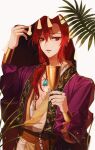  1boy absurdres arabian_clothes cup highres holding holding_cup jewelry korean_commentary long_hair lout_of_count&#039;s_family mua necklace pectoral_cleavage pectorals ponytail red_eyes redhead solo white_background 