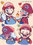  1boy :d ;d ^_^ big_nose blue_eyes blue_overalls blush brown_hair closed_eyes commentary_request cropped_torso crying eyebrows_visible_through_hat facial_hair fire gloves hand_on_headwear happy hat heart highres long_sleeves looking_to_the_side mario multiple_views mustache one_eye_closed overalls parted_lips red_headwear red_shirt sad serious shirt sideburns smile super_mario_bros. tears teeth thumbs_up translation_request twitter_username upper_body white_gloves ya_mari_6363 