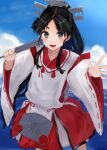  73suke absurdres black_hair blue_sky brown_eyes clouds cloudy_sky day folding_fan hair_tie hakama hakama_skirt hand_fan headgear high_ponytail highres japanese_clothes kantai_collection kariginu long_hair looking_at_viewer miko multi-tied_hair nisshin_(kancolle) ocean open_mouth outdoors red_hakama red_ribbon ribbon ribbon-trimmed_sleeves ribbon_trim short_eyebrows skirt sky thick_eyebrows very_long_hair water 