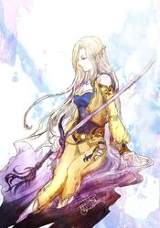  1girl blonde_hair blue_eyes blue_shirt boots cape celes_chere final_fantasy final_fantasy_vi gold_trim holding holding_sword holding_weapon long_hair pants ruka_(blueplus84) shirt square_enix sword vest wavy_hair weapon white_cape white_footwear yellow_pants yellow_vest 