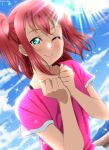  1girl absurdres aqua_eyes artist_name blue_sky closed_mouth hands_up highres isami_don kurosawa_ruby love_live! love_live!_sunshine!! one_eye_closed pink_shirt redhead shirt short_hair short_sleeves sky solo sunlight two_side_up upper_body 