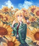  1girl agnes_claudel artist_request blonde_hair blue_eyes eiyuu_densetsu flower hair_bun jacket kuro_no_kiseki long_hair looking_at_viewer outdoors playing_with_own_hair school_uniform smile solo sunflower uniform 