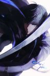  1boy black_eyes black_hair cape character_name choi_han highres korean_commentary long_sleeves looking_at_viewer lout_of_count&#039;s_family male_focus mua serious short_hair solo swinging sword weapon white_background 