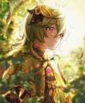  1girl absurdres ahoge bangs cloak collei_(genshin_impact) eyebrows_hidden_by_hair flower genshin_impact green_hair hair_between_eyes hair_flower hair_ornament highres kochi_4 leaf light looking_to_the_side open_mouth short_hair solo sunlight upper_body violet_eyes 