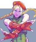  1girl abs antenna_hair bare_shoulders bb9_megadrive beret blonde_hair blue_eyes braid breasts cammy_white fingerless_gloves gloves green_leotard harness hat leotard lips looking_at_viewer medium_breasts pose red_gloves red_headwear scar scar_on_face solo street_fighter street_fighter_v twin_braids 