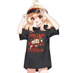  1girl ahoge artist_request bangs bare_legs black_shirt blonde_hair clothes_writing genshin_impact hair_between_eyes hair_ornament hat klee_(genshin_impact) low_twintails non-web_source open_mouth pointy_ears red_eyes shirt short_sleeves source_request t-shirt twintails v violet_eyes 