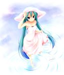  :o aqua_eyes aqua_hair bad_id bare_shoulders barefoot dress from_above hand_on_hat hat hatsune_miku long_hair luna_lia ripples signature solo twintails vocaloid white_dress 