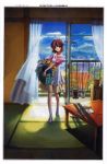  1girl apartment apron bleed_through blue_sky brown_eyes brown_hair clannad clannad_after_story furukawa_nagisa housewife laundry_basket magazine_(object) official_art potted_plant smile solo table white_socks 