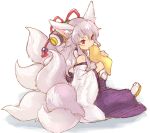  animal_ears detached_sleeves eating food fox_ears fox_tail japanese_clothes multiple_tails red_eyes sakamoto_atsumu tail white_hair 