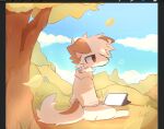  animal_ears blue_sky bored brown_jacket brush clouds cloudy_sky dog dog_ears dog_tail forest furry furry_male goobyart highres jacket leaf nature original sitting sky tablet_pc tail tree 