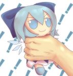  ! 1girl 1other blue_eyes blue_hair bow cirno commentary doll fumo_(doll) hair_bow holding holding_doll ice ice_wings skullchimes smile touhou v-shaped_eyebrows wings 