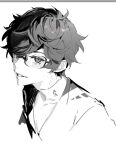  1boy amamiya_ren bangs black_hair glasses jacket looking_at_viewer messy_hair monochrome open_mouth persona persona_5 persona_5_the_royal shirt simple_background smile solo upper_body white_background white_shirt xing_20 