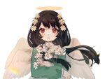  1girl angel angel_wings black_hair blush commentary cosmea dress flower funamusea green_dress hair_flower hair_ornament halo holding holding_flower long_sleeves looking_at_viewer low_twintails multiple_wings parted_lips puffy_long_sleeves puffy_sleeves red_eyes roujian simple_background solo twintails upper_body white_background wings 