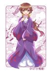  1girl bow brown_eyes brown_hair cherry_blossoms cherry_tree colonel_aki commentary_request floral_print full_body hair_between_eyes hair_bow japanese_clothes kimono kotohime_(touhou) long_hair long_sleeves looking_at_viewer open_mouth petals sidelocks smile solo standing touhou translation_request wide_sleeves 