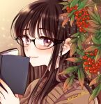  1girl bangs black-framed_eyewear black_shirt blush book brown_background brown_hair brown_sweater closed_mouth commentary food from_side fruit glasses glasses_day himawari-san himawari-san_(character) holding holding_book leaf light_smile long_hair looking_at_viewer open_book portrait rowan shirt signature solo sugano_manami sweater turtleneck violet_eyes 