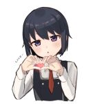  1girl :o bangs black_hair black_vest buttons collared_shirt cropped_torso english_text hai_bokusha heart heart_hands highres long_sleeves looking_at_viewer mole mole_under_eye necktie parted_lips red_necktie school_girl_strikers shirt short_hair simple_background solo sumihara_satoka upper_body vest violet_eyes white_background white_shirt 