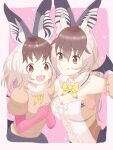  2girls animal_costume animal_ear_fluff animal_ears bennu_cellist64 bow bowtie brown_eyes brown_hair brown_long-eared_bat_(kemono_friends) cardigan closed_mouth elbow_gloves extra_ears gloves grey_hair kemono_friends kemono_friends_3 kemono_friends_v_project leotard multicolored_hair multiple_girls open_mouth scarf skirt smile virtual_youtuber 