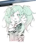  1girl bangs black_jacket bow collared_shirt cropped_torso from_side gradient_hair green_eyes green_hair hand_up hatsune_miku highres jacket leo/need_(project_sekai) long_hair looking_at_viewer looking_to_the_side multicolored_hair paperclip_hair_ornament photo_(medium) project_sekai red_bow redhead safety_pin shirt signature sofra solo swept_bangs traditional_media twintails twitter_username upper_body vocaloid white_shirt wrist_cuffs 