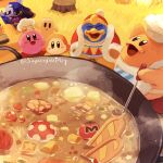  apron cappy_(kirby) chef_hat chef_kawasaki food grass hat highres holding holding_ladle king_dedede kirby kirby_(series) ladle meta_knight open_mouth signature smile soup star_block suyasuyabi sweatdrop tree_stump waddle_dee 