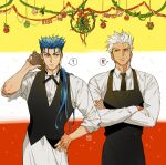  ! !! 2boys apron archer_(fate) black_apron black_necktie black_vest blue_hair christmas_ornaments collared_shirt commentary_request cu_chulainn_(fate) cu_chulainn_(fate/stay_night) dark-skinned_male dark_skin fate/stay_night fate_(series) g0ringo grey_eyes holding long_hair looking_at_another male_focus mistletoe multicolored_background multiple_boys muscular muscular_male necktie ponytail red_eyes shirt signature spiky_hair vest waiter white_apron white_hair white_shirt 