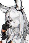  1girl animal_ears arknights bangs black_gloves bright_pupils ear_ornament frostnova_(arknights) gloves grey_eyes hair_ornament hair_over_one_eye hairclip hand_up highres jacket looking_at_viewer one_eye_covered rabbit_ears rabbit_girl realryo720 scar scar_on_face scar_on_nose simple_background solo upper_body white_background white_jacket white_pupils 