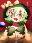  1girl :d bangs black_headwear blush bow breasts bright_pupils buttons commentary_request diamond_button eyeball frilled_shirt_collar frills green_hair hair_between_eyes hat hat_bow heart heart-shaped_pupils heart_in_mouth komeiji_koishi kometani0829 looking_at_viewer medium_breasts open_mouth red_background shirt short_hair smile solo symbol-shaped_pupils third_eye touhou upper_body yellow_bow yellow_shirt 