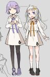  2girls a.i._voice adapted_costume aged_down ahoge ayakura_juu bangs black_footwear blue_eyes blunt_bangs boots braid brown_shirt brown_skirt child expressionless full_body grey_background grey_hair hair_ornament hairclip kizuna_akari kizuna_akari_(tsubomi) long_hair looking_at_viewer matching_outfit miniskirt multiple_girls neck_ribbon open_mouth orange_ribbon own_hands_together purple_footwear purple_hair purple_ribbon ribbon school_uniform shirt shoes short_hair side_braid sketch skirt smile sneakers socks standing star_(symbol) star_hair_ornament very_long_hair violet_eyes voiceroid white_socks yuzuki_yukari yuzuki_yukari_(shizuku) 