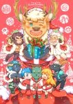  1girl 6+boys abs animal_ears animal_nose antlers beard belt black_fur black_hair black_shirt blonde_hair blue_eyes blue_fencer_(housamo) blue_hair blush boots bow box camouflage camouflage_pants christmas cigar claws ded_(housamo) deer_ears dog_tags facial_hair forked_eyebrows formal furry furry_male gift gift_bow gift_box glasses gloves goat_boy goat_ears goat_horns green_fur green_shirt green_wolf_(housamo) gun hat highres holding holding_gift holding_gun holding_weapon horns hug krampus_(housamo) light_mage_(housamo) mature_male multiple_boys muscular muscular_male necktie one_eye_closed open_mouth pants red_background red_necktie red_pants reindeer_antlers reindeer_boy santa_costume santa_hat scar scar_across_eye shirt short_hair smile suit summon_lw tail tanngrisnir_(housamo) teeth thick_eyebrows tokyo_afterschool_summoners tusks upper_teeth vest weapon white_hair white_pants white_suit yellow_eyes yule_(housamo) 