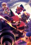  absurdres bandana_waddle_dee battle coat copy_ability drill exoskeleton galaxia_(sword) hammer highres holding holding_hammer holding_sword holding_weapon hr-d3 jetpack king_dedede kirby kirby&#039;s_return_to_dream_land kirby_(series) mask meta_knight one_eye_closed open_mouth robot suyasuyabi sword weapon 