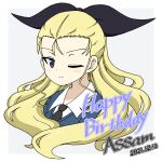  1girl ;) assam_(girls_und_panzer) birthday black_necktie black_ribbon blonde_hair blue_eyes blue_sweater character_name closed_mouth commentary dated dress_shirt emblem english_text girls_und_panzer grey_background hair_pulled_back hair_ribbon happy_birthday highres ichinose_jun long_hair long_sleeves looking_at_viewer necktie one_eye_closed one_side_up outside_border ribbon school_uniform shirt smile solo st._gloriana&#039;s_(emblem) st._gloriana&#039;s_school_uniform sweater upper_body v-neck white_shirt wing_collar 