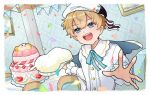  1boy angel_wings beret birthday_cake birthday_party blonde_hair blue_bow blue_eyes border bow cake capelet cherry confetti english_text food fruit happy_birthday hat holding holding_food indoors kooi_(aset_35shoku) luke_(obey_me!) male_focus obey_me!:_one_master_to_rule_them_all! open_mouth outstretched_hand pennant picture_frame short_hair solo string_of_flags twitter_username upper_body whipped_cream white_border white_capelet wings 
