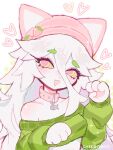  animal_ears cat cat_ears cat_tail cattail_(plants_vs_zombies) chikomokii collar furry furry_female green_shirt heart highres open_mouth pink_headwear pink_pupils plants_vs_zombies shirt tail white_fur white_hair yellow_eyes 