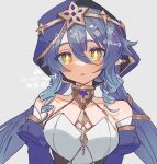  bare_shoulders blue_hair blue_hood blue_sleeves blush bright_pupils commentary detached_sleeves diadem drill_locks ear_ornament genshin_impact gold_trim hair_between_eyes jewelry juliet_sleeves layla_(genshin_impact) long_sleeves low_twintails necklace parted_lips pointy_ears puffy_sleeves twintails white_pupils yayoripain yellow_eyes 