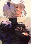  1girl blue_eyes cleavage_cutout clothing_cutout eyelashes female hair_blowing hairband hankuri headband juliet_sleeves looking_to_the_side nier_(series) nier_automata parted_lips puffy_sleeves short_hair solo solo_focus upper_body white_hair yorha_no._2_type_b 