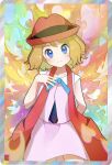  1girl bangs bare_arms blonde_hair blue_eyes blue_ribbon blush border closed_mouth collarbone commentary_request dress eyelashes hand_up hat highres looking_at_viewer medium_hair mentarakooo neck_ribbon pink_dress pokemon pokemon_(anime) pokemon_xy_(anime) red_headwear ribbon serena_(pokemon) smile solo 