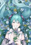 1girl arime_hotaru bangs blue_eyes blue_hair collared_shirt commentary covering_mouth detached_sleeves field flower flower_field hair_ornament hatsune_miku hatsune_miku_(nt) highres holding holding_flower layered_sleeves long_hair lying nail_polish neck_ribbon on_back piapro ribbon see-through see-through_sleeves shirt sleeveless sleeveless_shirt solo tulip vocaloid white_flower white_tulip 