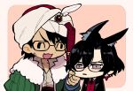  2boys :d ^_^ animal_ears bangs black_jacket brown_shirt cheek_pinching chibi closed_eyes collared_shirt constantine_xi_(fate) earrings extra_ears fang fate/grand_order fate_(series) fox_ears fur-trimmed_jacket fur_trim glasses green_jacket hair_between_eyes hat_feather highres jacket jewelry kemonomimi_mode male_focus mehmed_ii_(fate) multiple_boys open_collar outside_border parted_lips pinching pink_background red_vest shirt short_hair simple_background skin_fang smile suit_jacket swept_bangs touma_rui turban unamused upper_body vest white_shirt 